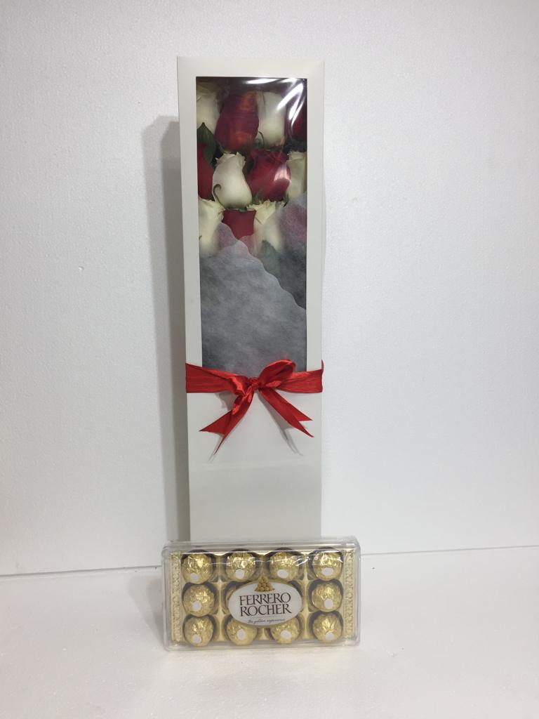 Caja con 12 Rosas y Bombones Ferrero Rocher 150 Gramos